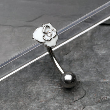 Detail View 1 of White Rose Blossom Sparkle Curved Barbell Ring-White/Clear